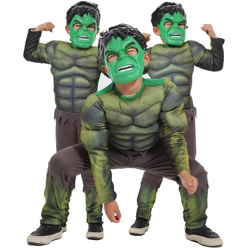Костюм с мышцами Marvel Hulk, детский костюм супергероя для вечеринки, боди в 3D стиле, одинаковый плащ
