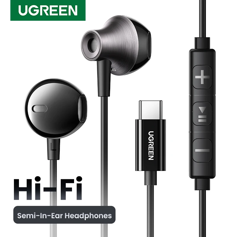 Полуоткрытые проводные наушники UGREEN 3,5 мм USB Type C с микрофоном, проводные наушники, наушники Hi-Fi стерео, для большинства с разъемом 3,5 мм