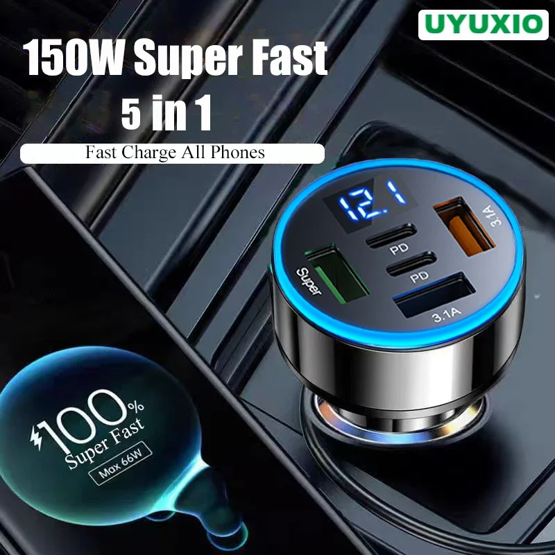 Автомобильное зарядное устройство UYUXIO 5 в 1 с двумя разъемами USB C и индикатором напряжения
