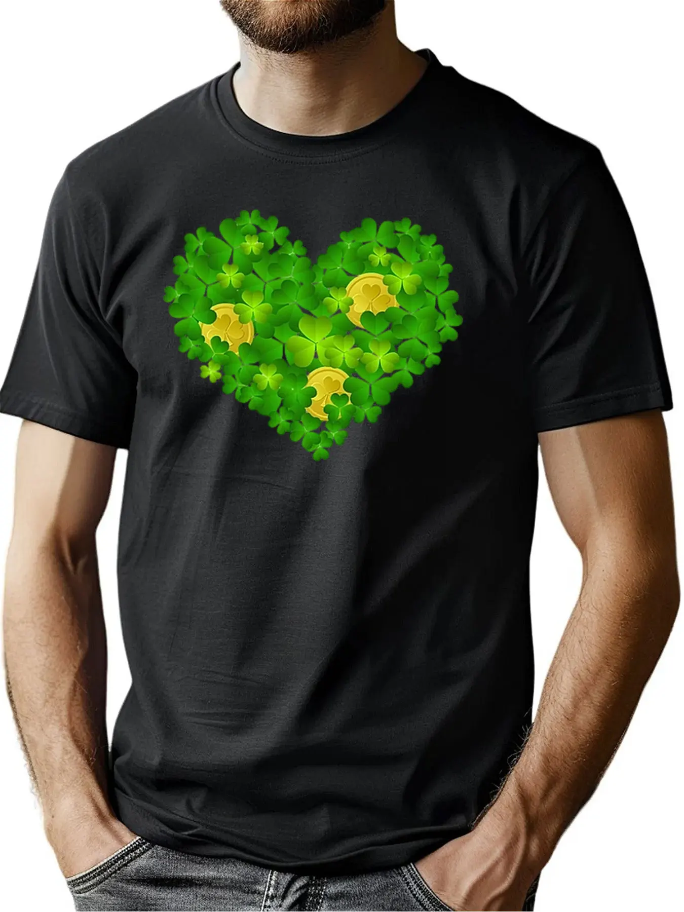 Мужская мягкая футболка из 100% хлопка с принтом Lucky Clover Heart Gold Coin для повседневной уличной одежды и подарка на День Святого Патрика