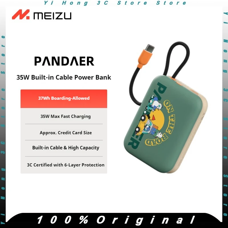 Meizu PANDAER 10000 мАч Power Bank PD 35 Вт Быстрая зарядка со встроенными выдвижными кабелями Портативная внешняя батарея для iPhone17
