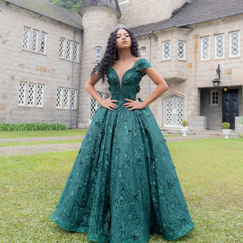Блестящие темно-зеленые платья Quinceanera по индивидуальному заказу с открытыми плечами и блестками, кружевное платье с 3D цветком и длинным хвостом, Vestido 15, Quinceanera Платья для особых случаев