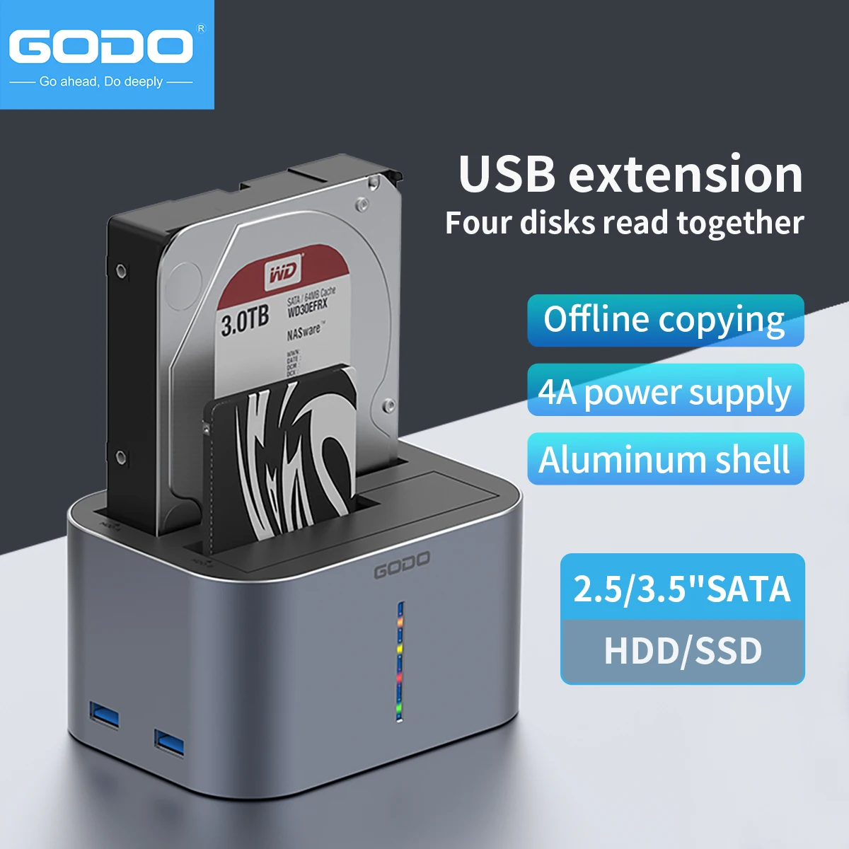 Док-станция GODO USB 3.0 и Type-C для жестких дисков/SSD для драйверов SATA 2,5/3,5 дюйма, светодиодный индикатор — быстрая передача данных