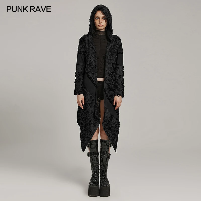 Фото Женское однотонное трикотажное пальто в стиле Панк RAVE Wasteland PUNK, Свободный Длинный Тренч, дизайнерские топы двух цветов №4