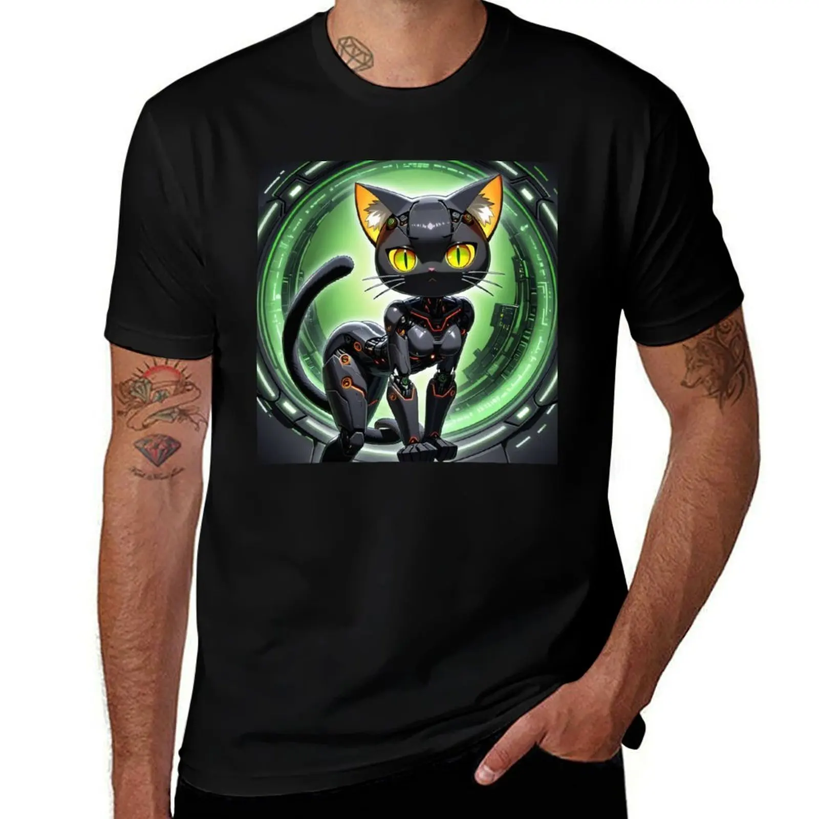 Футболка Cyber Feline с аниме-фигурками, простые винтажные футболки, бутик одежды на день Святого Валентина, облегающие футболки для мужчин