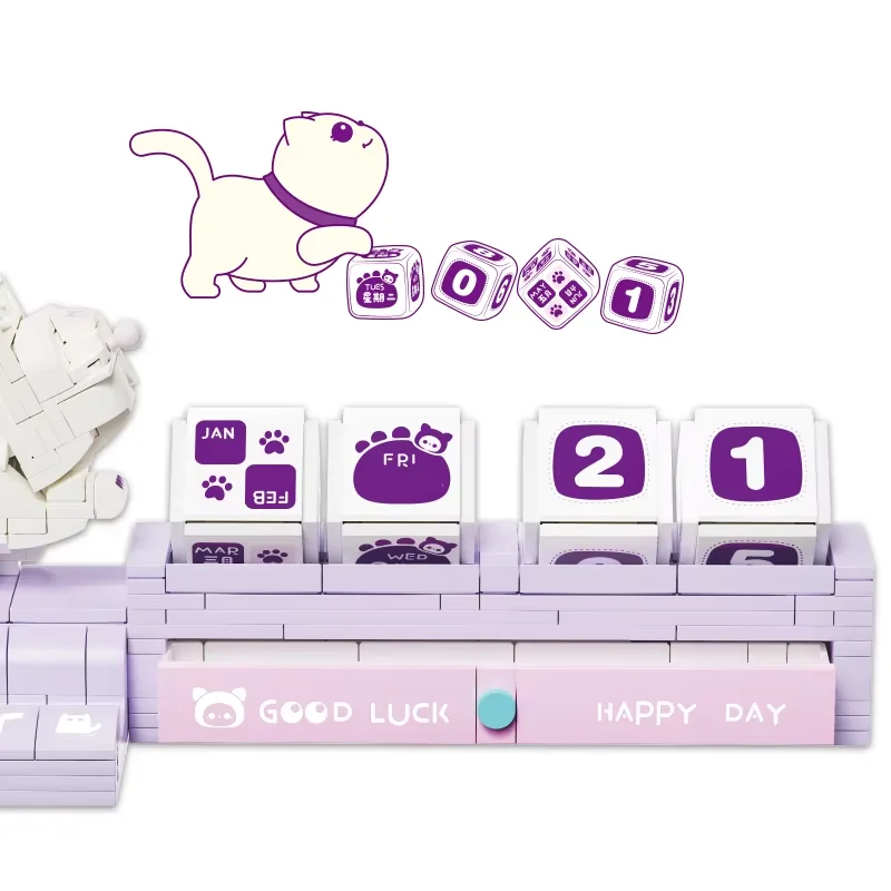 Фото KNEW BUILT Cat Kitty Вневременный календарь Строительные блоки Игрушки-Маленький держатель предметов, функция мобильной подставки, гибкая сборка даты №2