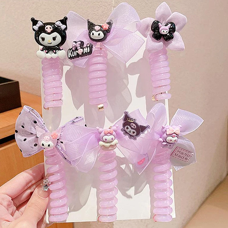 Фото Kawaii Sanrio Kuromi бант телефонная проволока резинка для волос мультфильм милое плетеное эластичное кольцо для волос для девочек милый головной убор с высоким хвостом №3