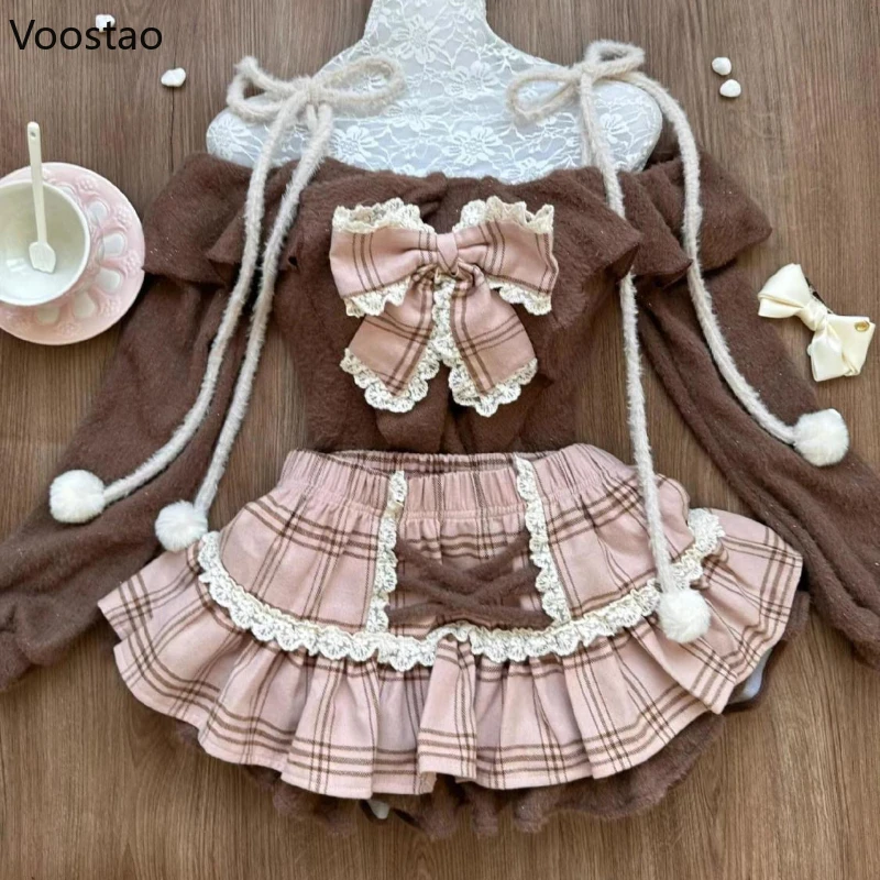 Японская мода Sweet Lolita, комплект из 2 предметов, женские коричневые топы в стиле ретро, пушистая юбка-тортик, женский тонкий винтажный костюм Kawaii с открытыми плечами
