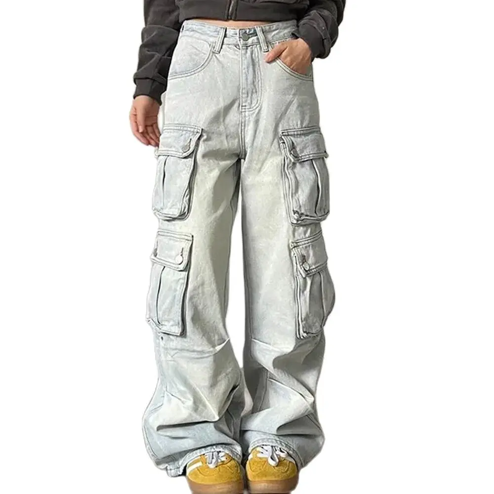 Джинсы Longgar Multi Saku Warna Solid Celana Jeans Wanita High Street Retro Hip-Hop Celana Kaki Lebar Jeans Tinggi Lurus Casual