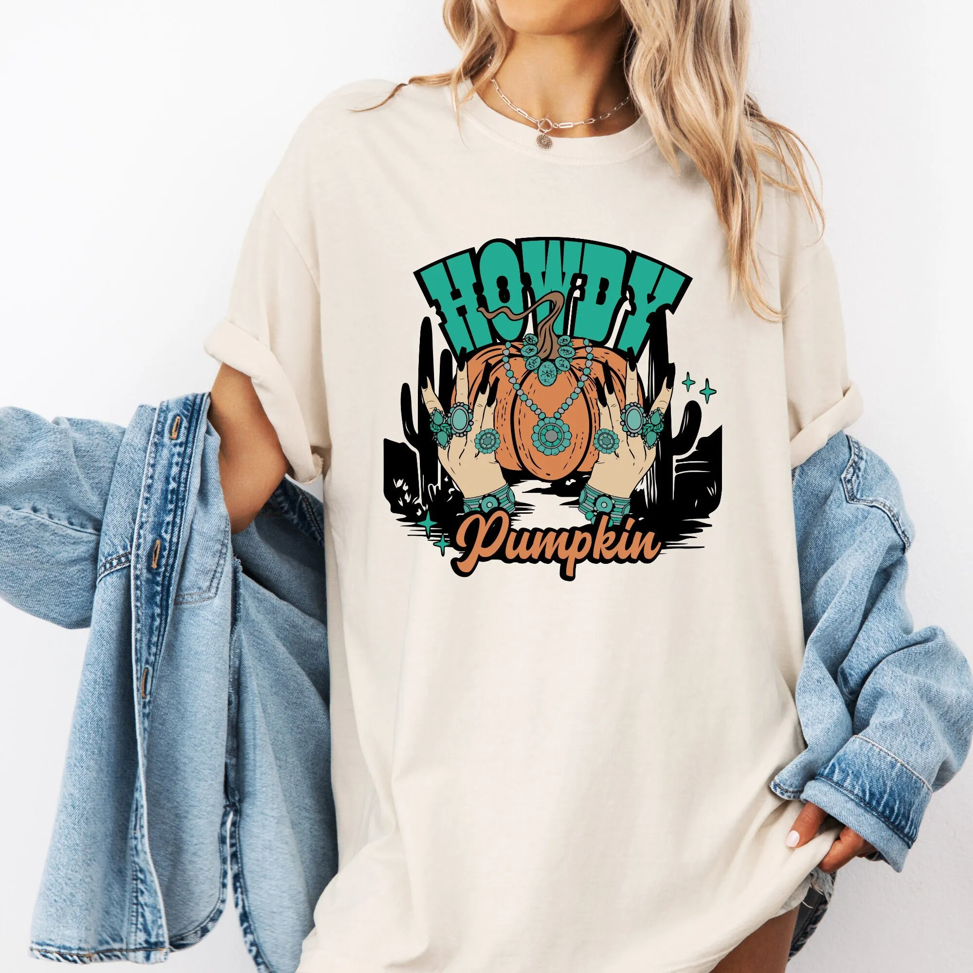 Футболка Howdy Pumpkin Comfort Colors в стиле вестерн, Хэллоуин, бирюзовые украшения, пастушка, осенний сезон