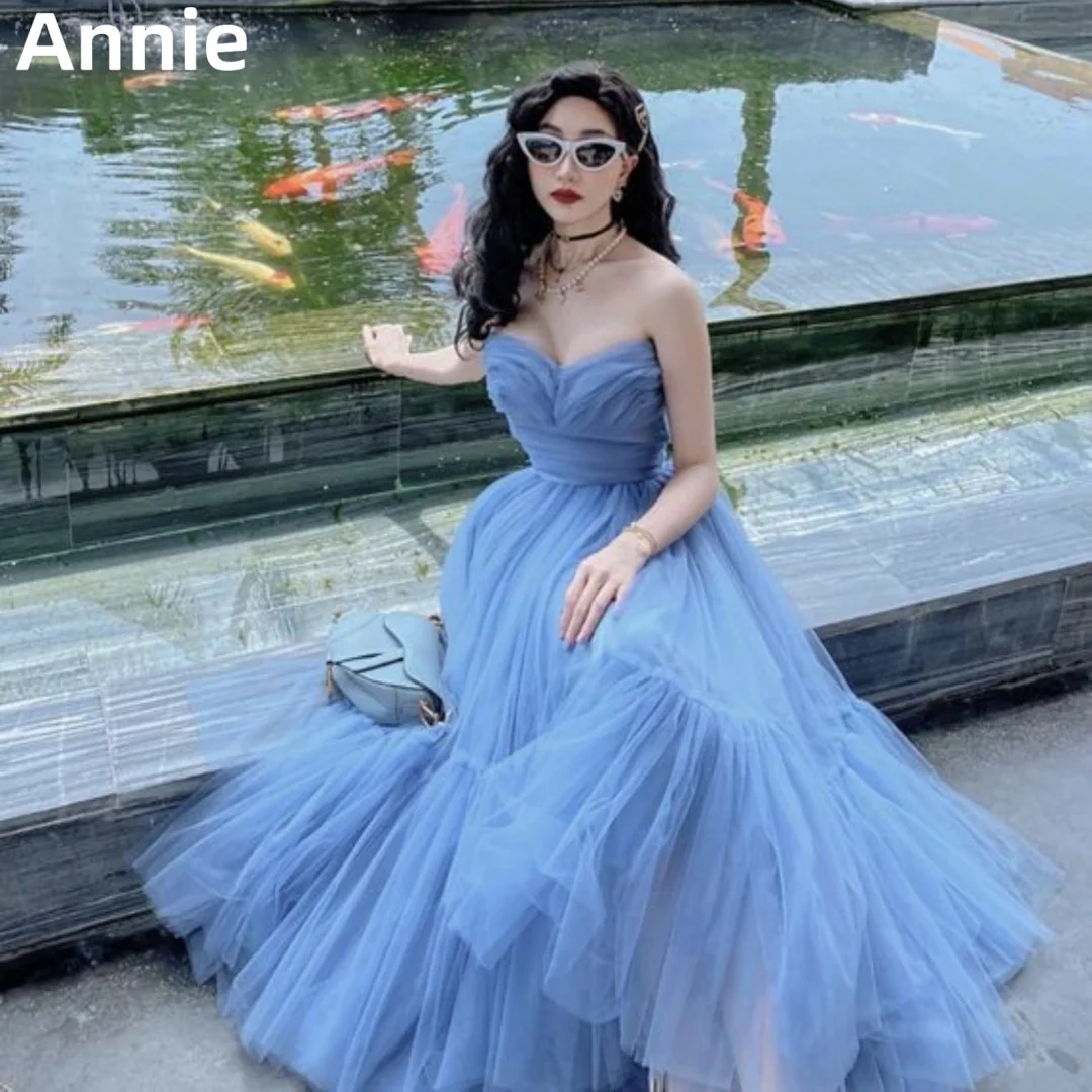 Синее платье для выпускного вечера Annie, сексуальное вечернее платье без бретелек, ТРАПЕЦИЕВИДНОЕ Тюлевое платье для торжественных случаев, дня рождения