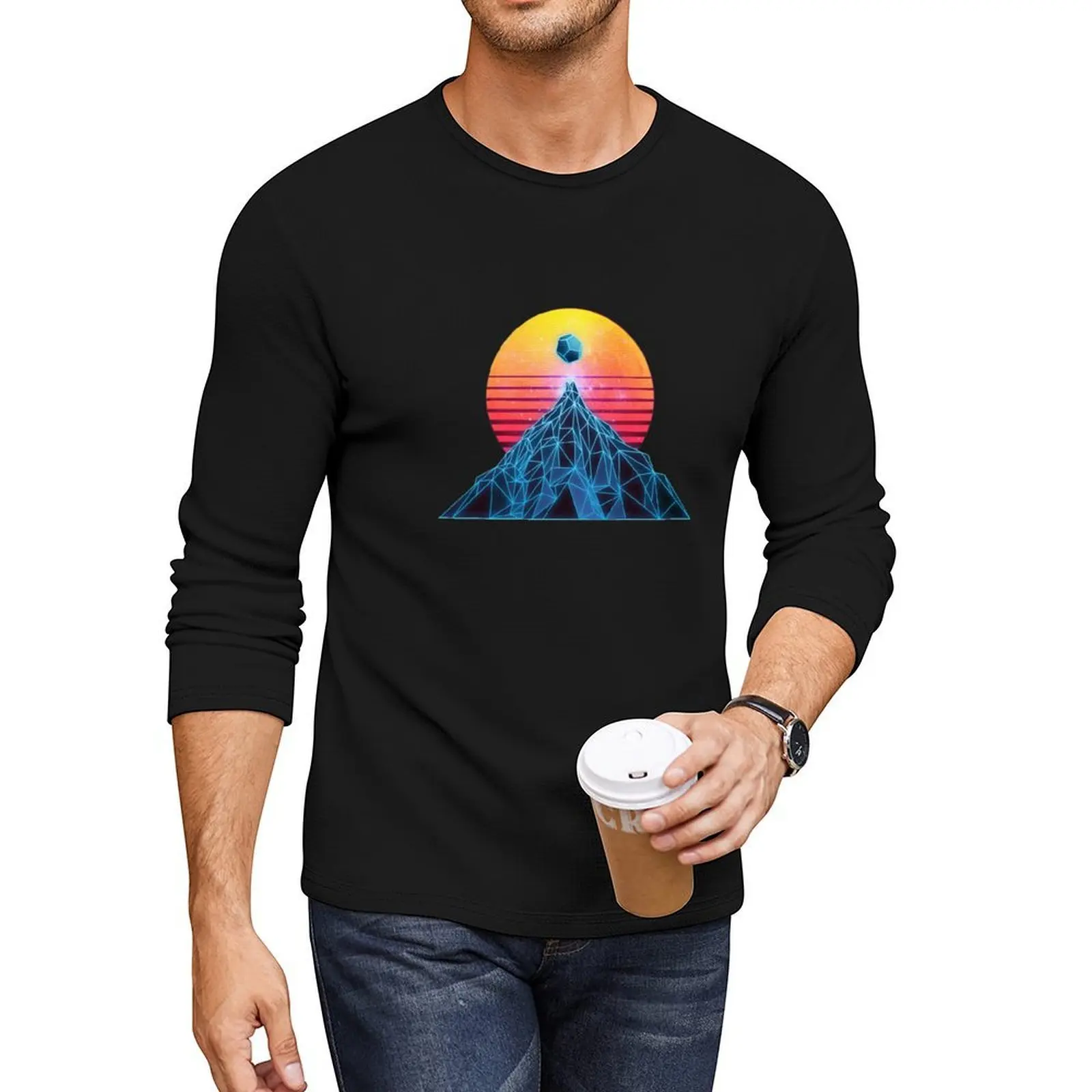 Synthwave Wire frame Mountain Long T-Shirt мужская одежда забавная футболка Эстетическая одежда футболка большого размера тренировочные рубашки для мужчин