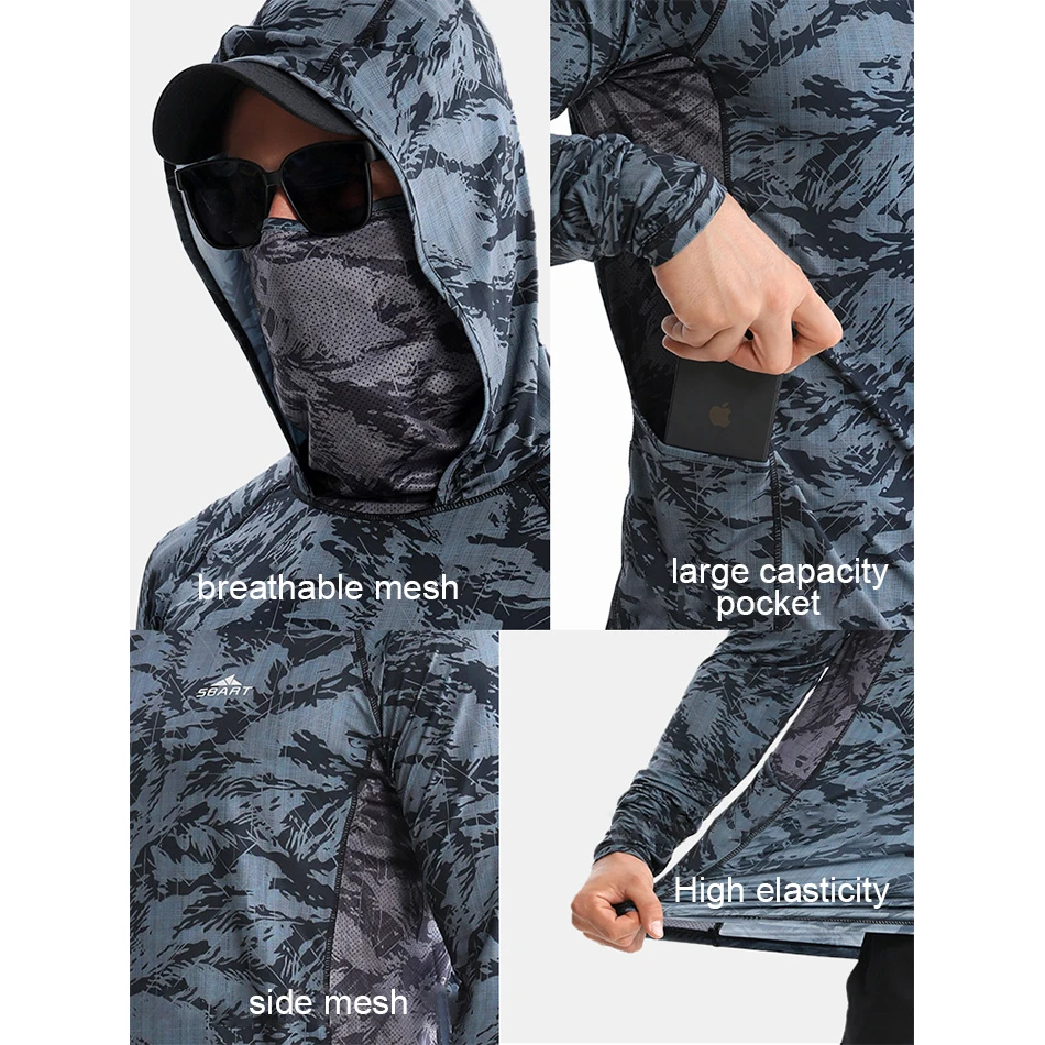 Фото Summer Fishing Clothing with Hood Sunscreen Ice Cool Fishing Shirt Face Mask UPF50+ Outdoor Quick Drying Breathable Fishing Wear №2