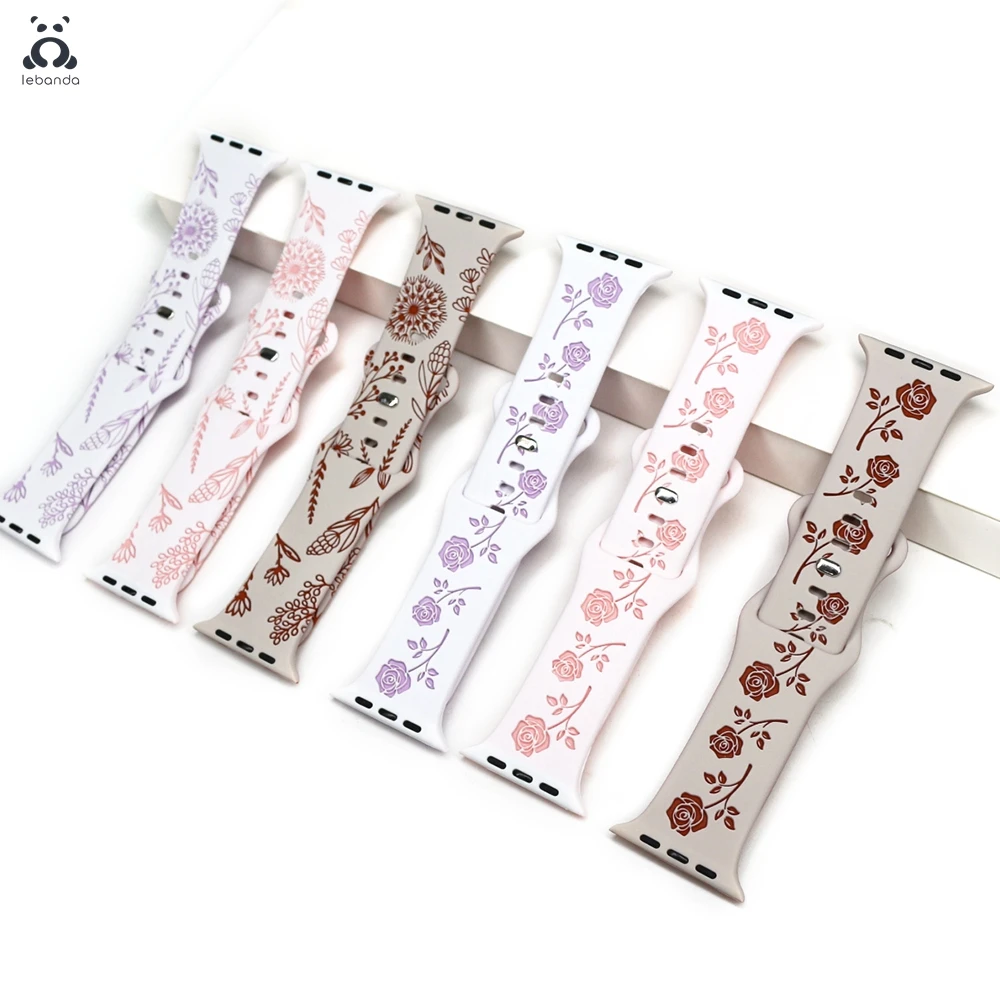 Фото Ремешок Lebanda для Apple Watch Series 10 9876 SE, силиконовый ремешок для iWatch с гравировкой одуванчика, розы, браслет с пряжкой-бабочкой №5