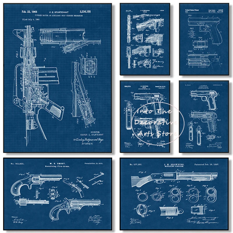 Винтажный пистолет-пулемет, разделенный патентный рисунок, постер, ретро Blueprint, холст, картина, принт, настенная художественная картина, домашний декор для комнаты