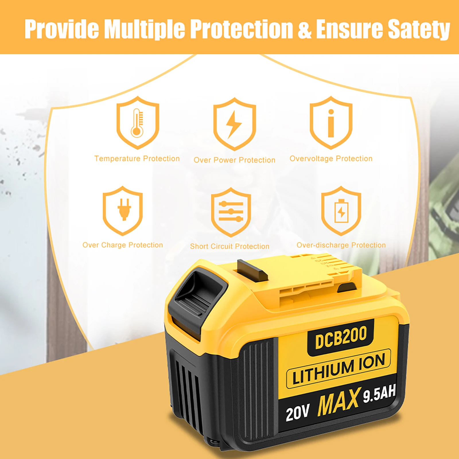 Фото Для Dewalt DCB200 аккумуляторная батарея 20 В 9500 мАч литий-ионная сменная батарея для Dewalt 20 В беспроводной электроинструмент DCV580 DCD780 №3