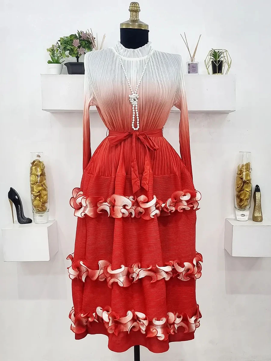 Фото ANLAN плиссированное длинное платье Miyake Maxi с поясом и круглым вырезом с цветочными рукавами, элегантные платья с градиентом и грибком для женщин, новинка 202, 2AN95 №3