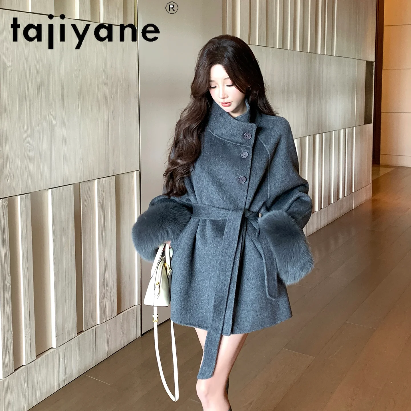 Фото TAJIYANE 100% шерсть, короткое пальто с двойным лицом, элегантный дизайн, женская одежда, верхняя одежда премиум-класса, зима 2025 года, Manteaux Hiver Femme №4