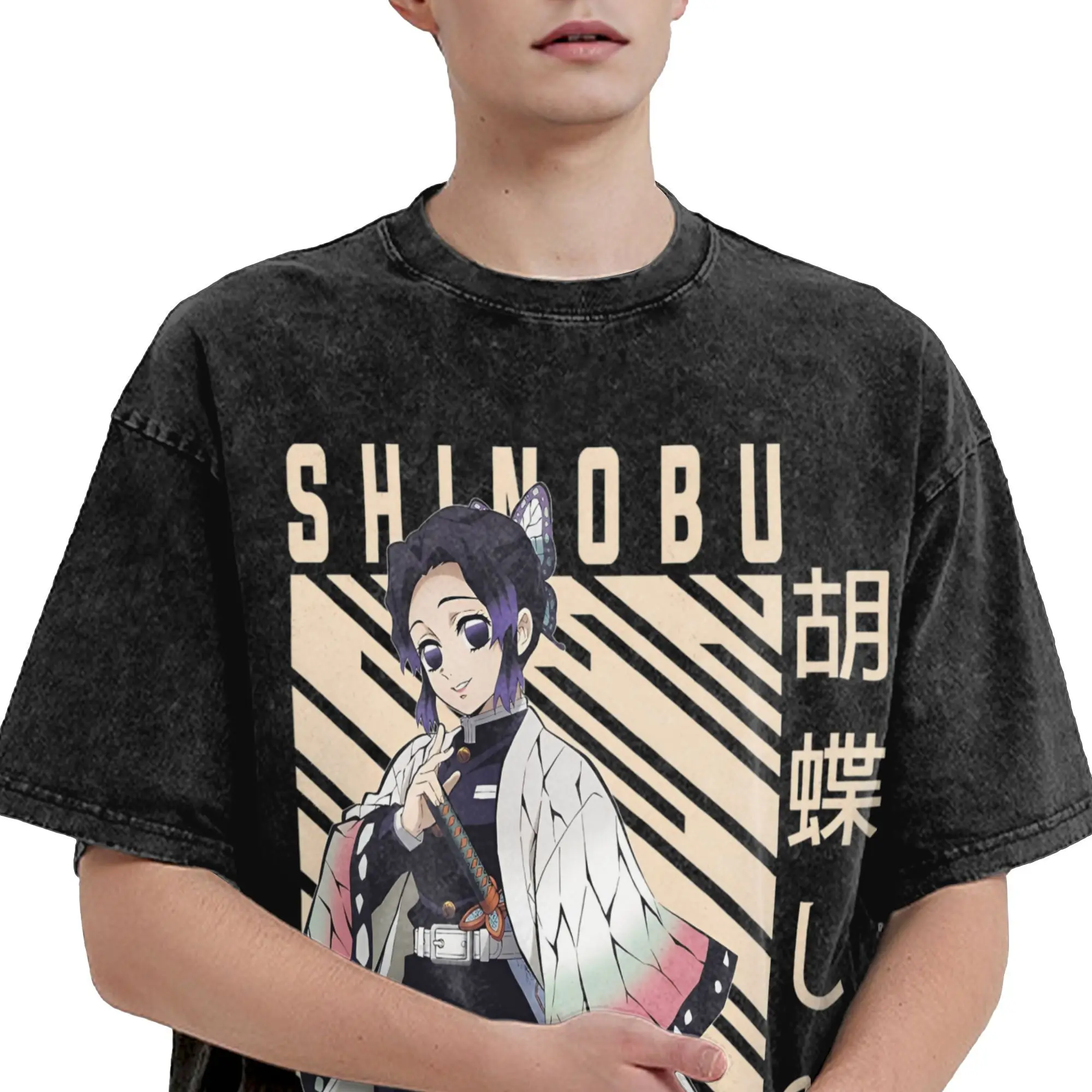 Фото Demon Slayer Shinobu Kocho аниме футболки для мужчин из чистого хлопка винтажная футболка с круглым вырезом футболка с короткими рукавами топы больших размеров №4