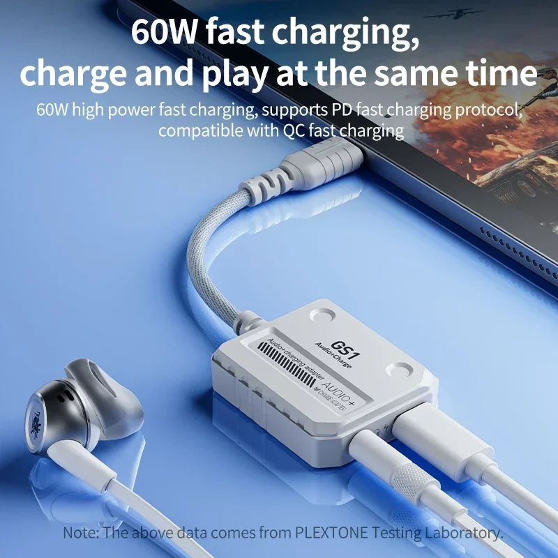 Фото PLEXTONE GS1, аудиоадаптер для зарядки USB-C на 3,5 мм/USB-C с зарядкой мощностью 60 Вт, совместимый с iPad Pro/iPhone 15/16 №2