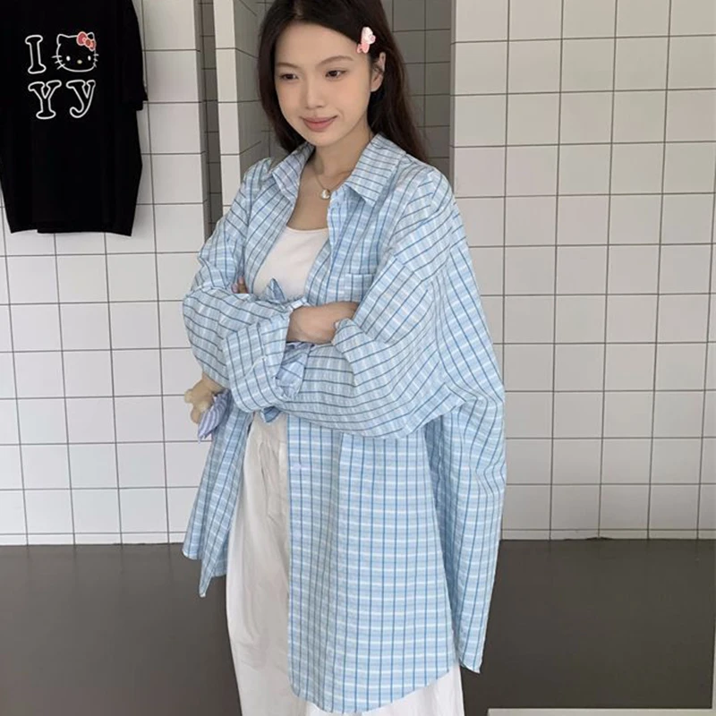 Фото Harajuku свободная клетчатая рубашка женская весна лето негабаритная блузка с отложным воротником женская корейская шикарная рубашка с длинным рукавом женские №5