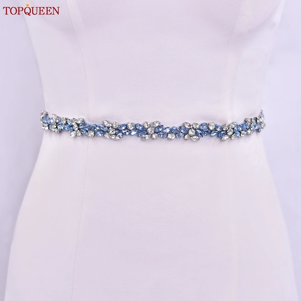 TOPQUEEN длинный тонкий светло-голубой пояс со стразами, свадебные аксессуары ручной работы, женское универсальное платье, свадебный пояс, галстук-лента S437 (art.: 3920d243e30c7) - 3920d243e30c7
