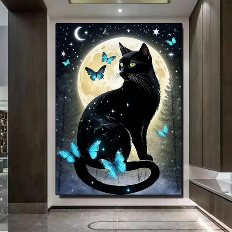 5D DIY Набор алмазной живописи Луна Ночь Животное Черный кот Искусство Алмазная мозаика Полный квадратный круглый дрель Вышивка Ручная работа Хобби
