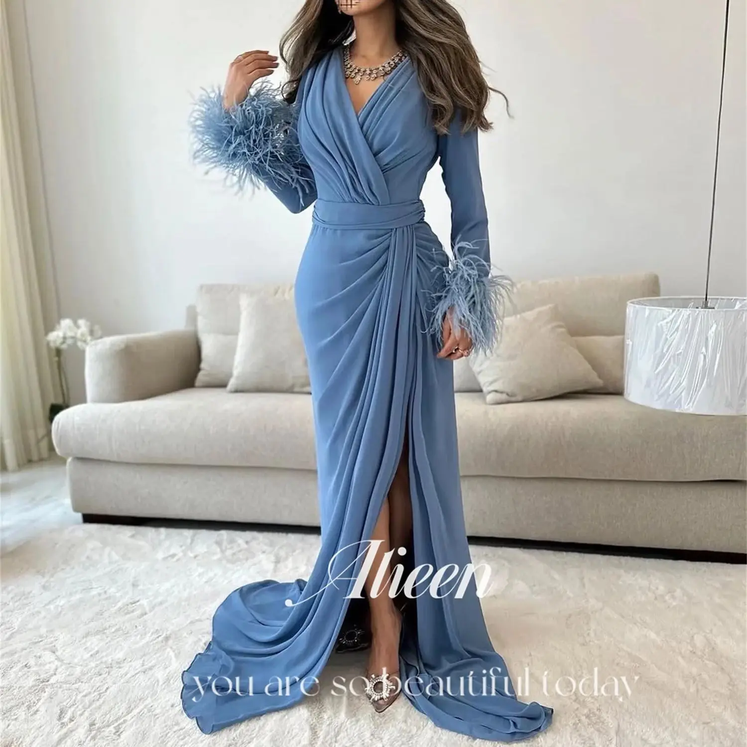 Aileen Vestidos De Festa Dubai Роскошные вечерние платья 2025 с длинными рукавами и перьями فساتين سهرة Элегантные платья для выпускного вечера по индивидуальному заказу Sexy