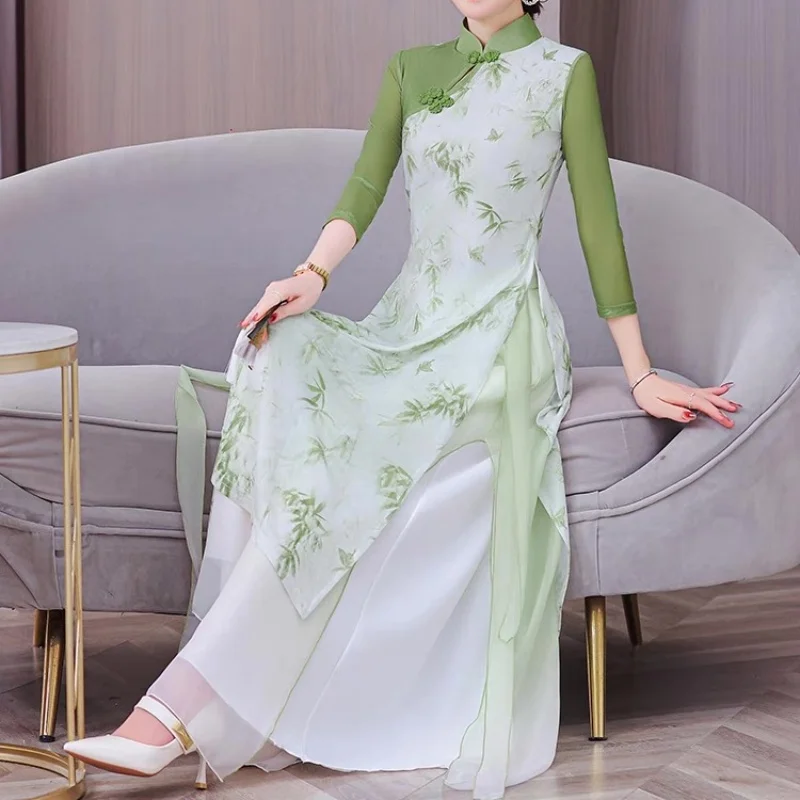 Фото Летний женский традиционный вьетнамский костюм Cheongsam с восточным принтом, банкетное вечернее платье, танцевальные костюмы для выступлений на сцене №3