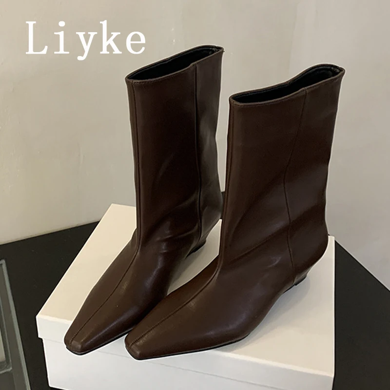 Liyke/Новые зимние короткие ботильоны из мягкой кожи, женские модные элегантные туфли-лодочки с острым носком на низком каблуке, женские туфли-лодочки, современные боты