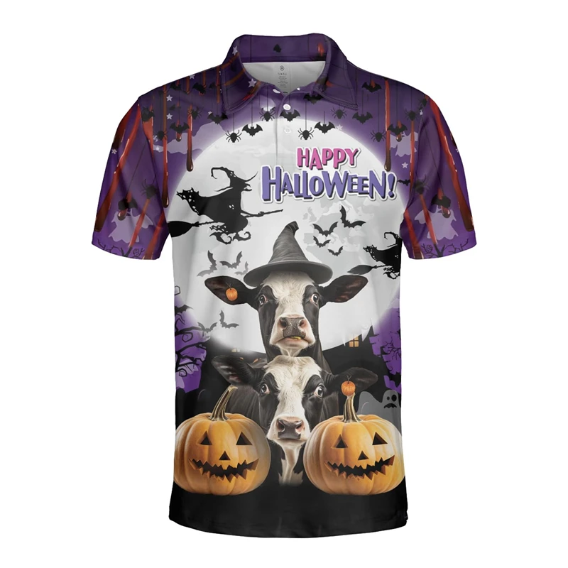 Фото Happy Halloween Cow Graphic Polo Shirts For Men Cartoon Witch Pumpkin POLO Shirt Harajuku Fashion Cows Boy Gifts Tee Shirt Tops №3