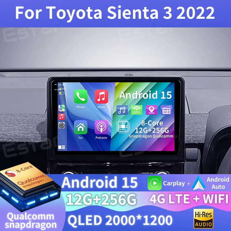 Автомобильный радиоприемник Android 15 для Toyota Sienta 3 2022 GPS Мультимедийный плеер Navi Головное устройство Беспроводная камера Carplay Auto Stereo Video 360