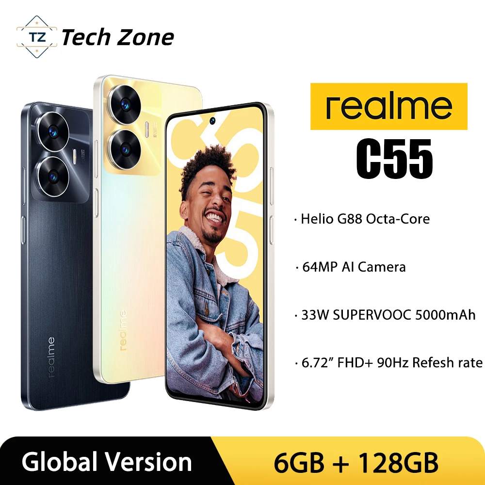 Смартфон realme C55 64 мп, камера AI, Helio G88, 6,72 дюйма, 90 Гц, FHD + дисплей, 33 Вт, SUPERVOOC зарядка