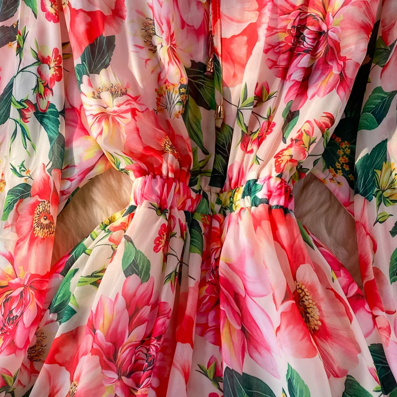 Фото Gaun Liburan Musim Semi Musim Panas Banulin подиумный Gaun Maxi Panjang шифоновые женские богемные Cetak Mawar Lengan Kelelawar Elegan №5