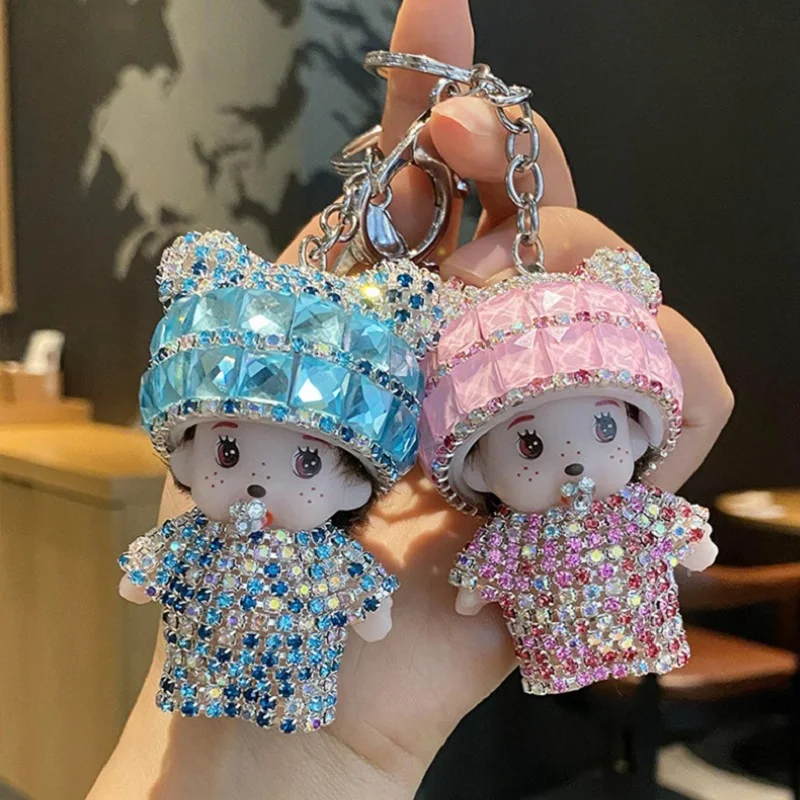 Фото Kawaii креативный инкрустированный бриллиантами брелок для куклы Monchi, подвеска для сумки для девочек, брелок для ключей от машины, детские праздничные подарки №5