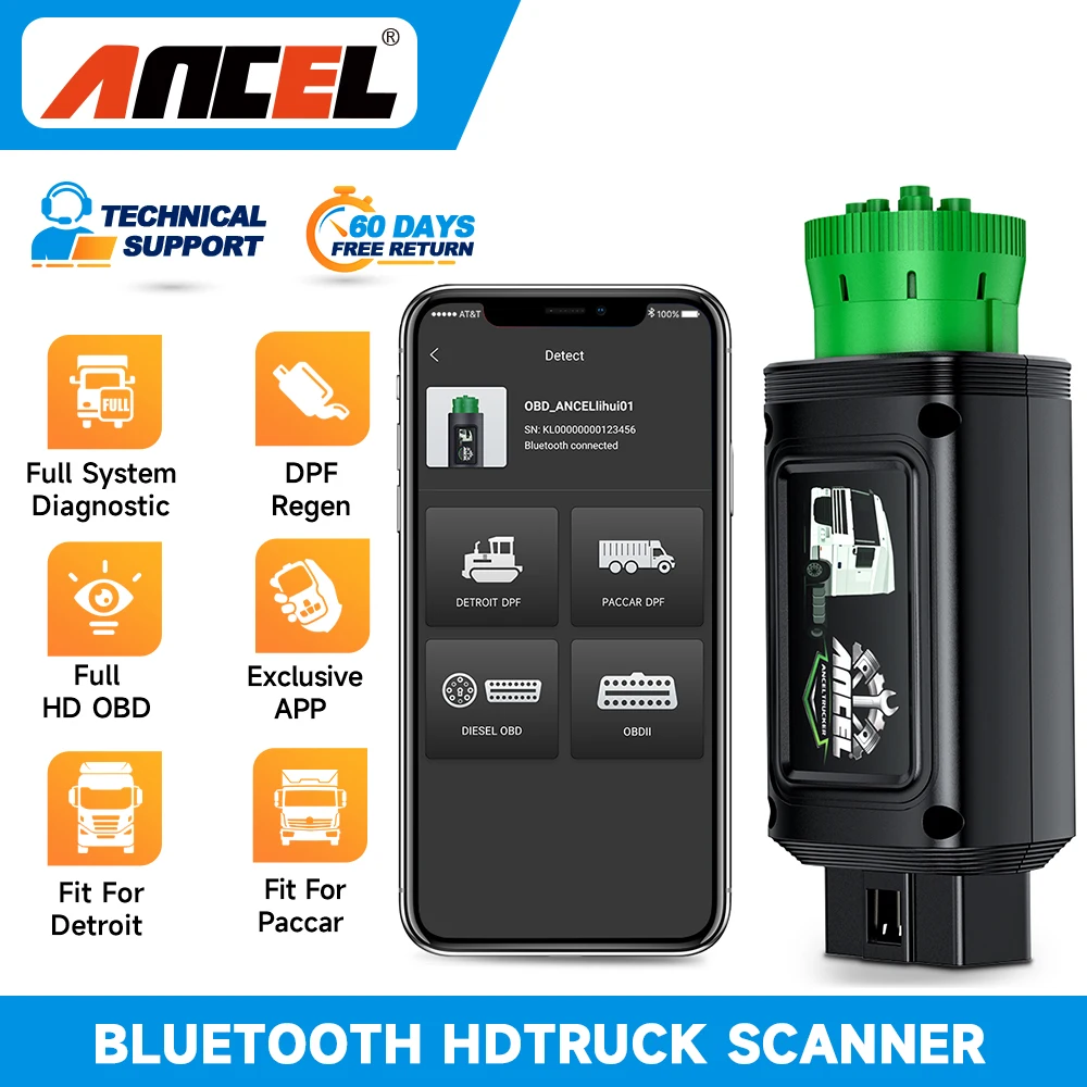 Диагностический сканер ANCEL HD110, Bluetooth, для дизельного двигателя, для тяжелых грузовиков, все системы, DPF, выдержка для Детройта, Сканер диагностический, 9/12 Pin