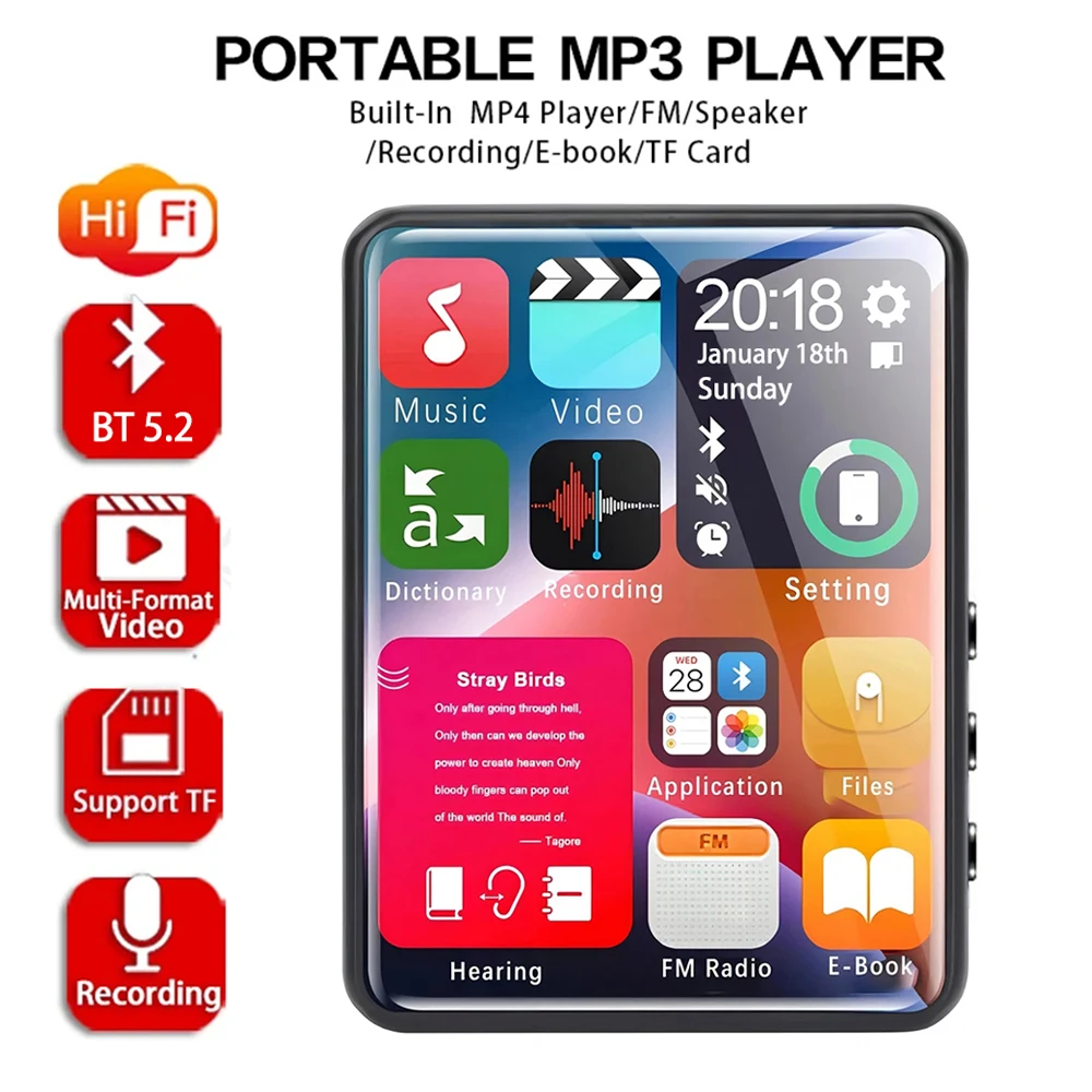 Фото Mp3-плеер с сенсорным экраном 2,4 дюйма, мини-MP4-плеер с Bluetooth, 4-128 ГБ, Hi-Fi, HD, запись без потерь, FM-радио, v №5