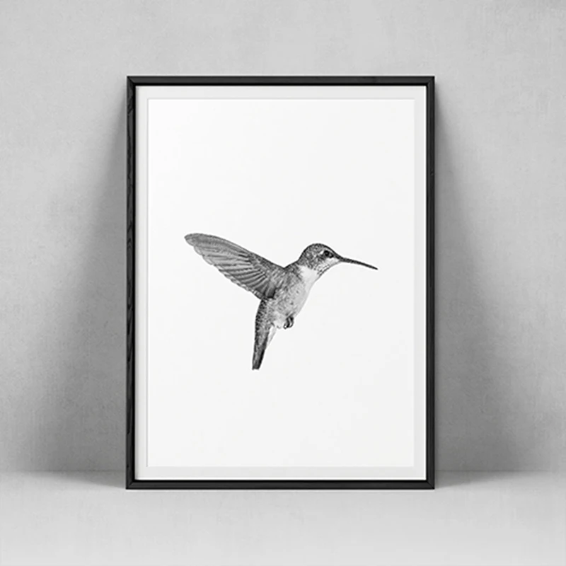 Фото Плакат Minimalis Dinding Seni, Burung Cetak, Lukisan Kanvas, Hitam, Putih, Hummingbird, Scandinavian Post №4