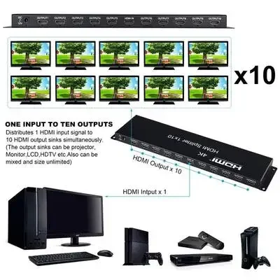 Фото Разветвитель HDMI 4K, 30 Гц, 1 в 10, видеораспределитель HDMI, многоэкранный разветвитель видео 1x10, усилитель для портативного ПК к ТВ-монитора №2