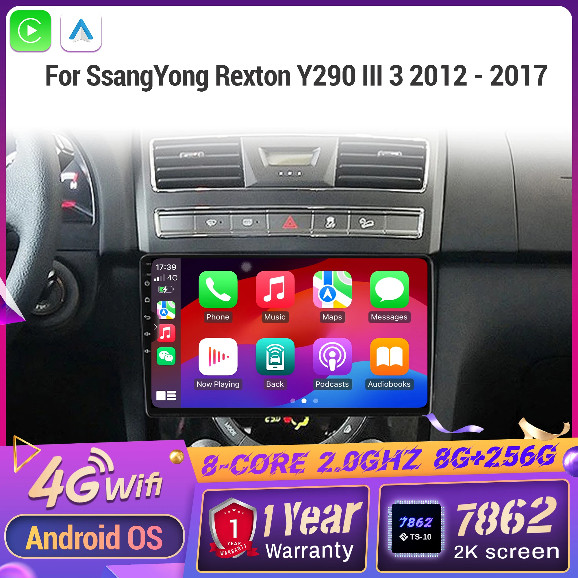 Android 14 Радио Автомобильный Мультимедийный Плеер Сенсорный 2K QLED Экран Для SsangYong Rexton Y290 III 3 2012-2017 Беспроводной BT CarPlay
