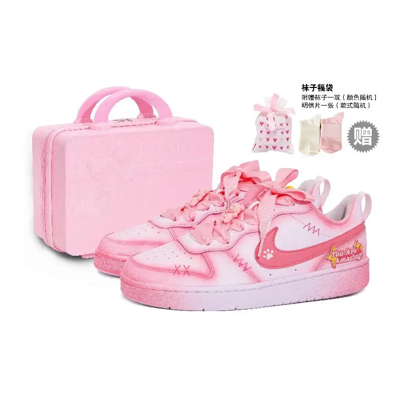 [Нестандартные женские туфли для скейтборда Honey Bear S-BOX]Nike Court Borough с низким верхом, белые, розовые