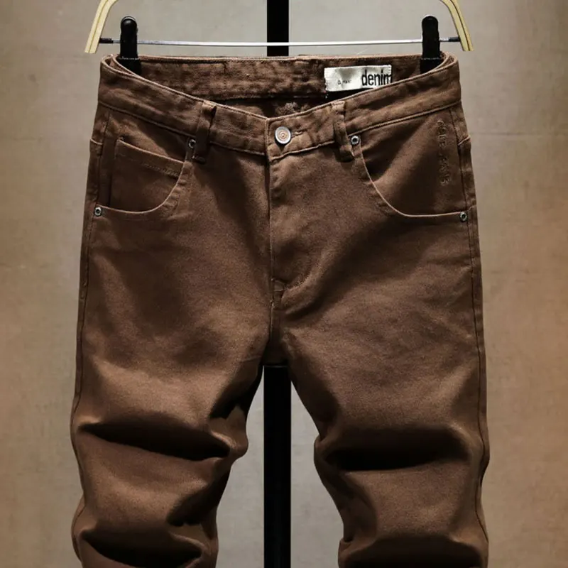 Фото Итальянские Y2Kfashion новые мужские стираные водой ностальгические эластичные облегающие ретро джинсы цвета хаки дизайнерские лоскутные брюки №4