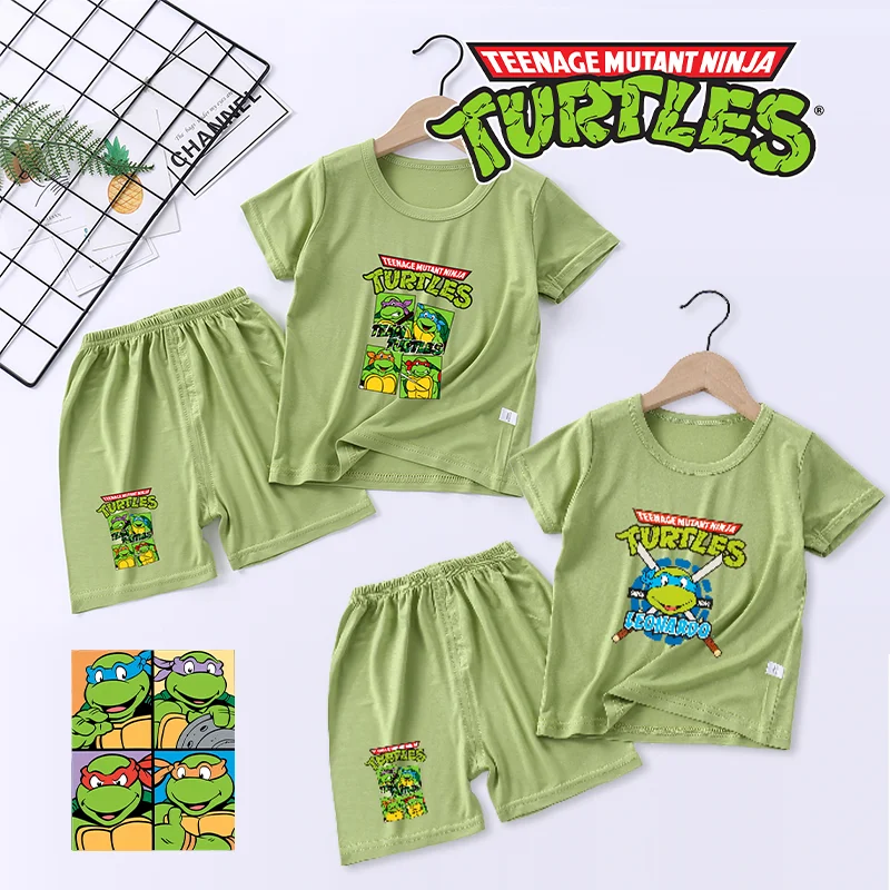 TMNT, мутантные Черепашки-ниндзя, Детские пижамные костюмы, аниме, мультяшный принт, детские пижамы, комплект, топы с коротким рукавом, шорты, комплект из 2 предметов, лето