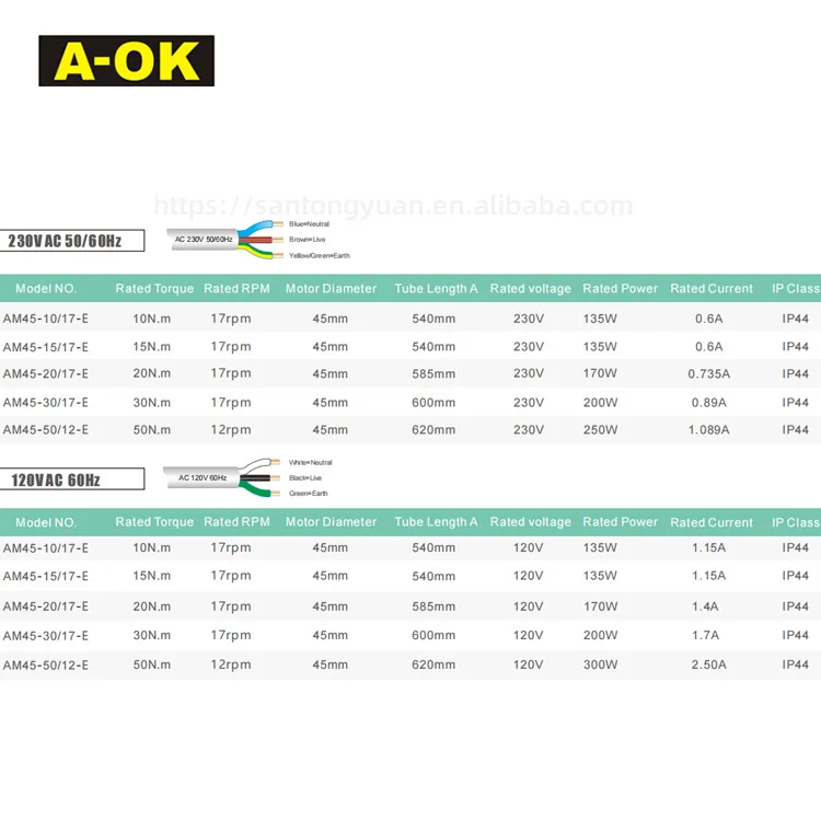 A-OK AM45-5012-E Наружный солнцезащитный козырек Моторизованные рулонные жалюзи 50 нм Жалюзи 45 мм Трубчатый двигатель AOK (art.: 3920d1d1d0c90) - 3920d1d1d0c90