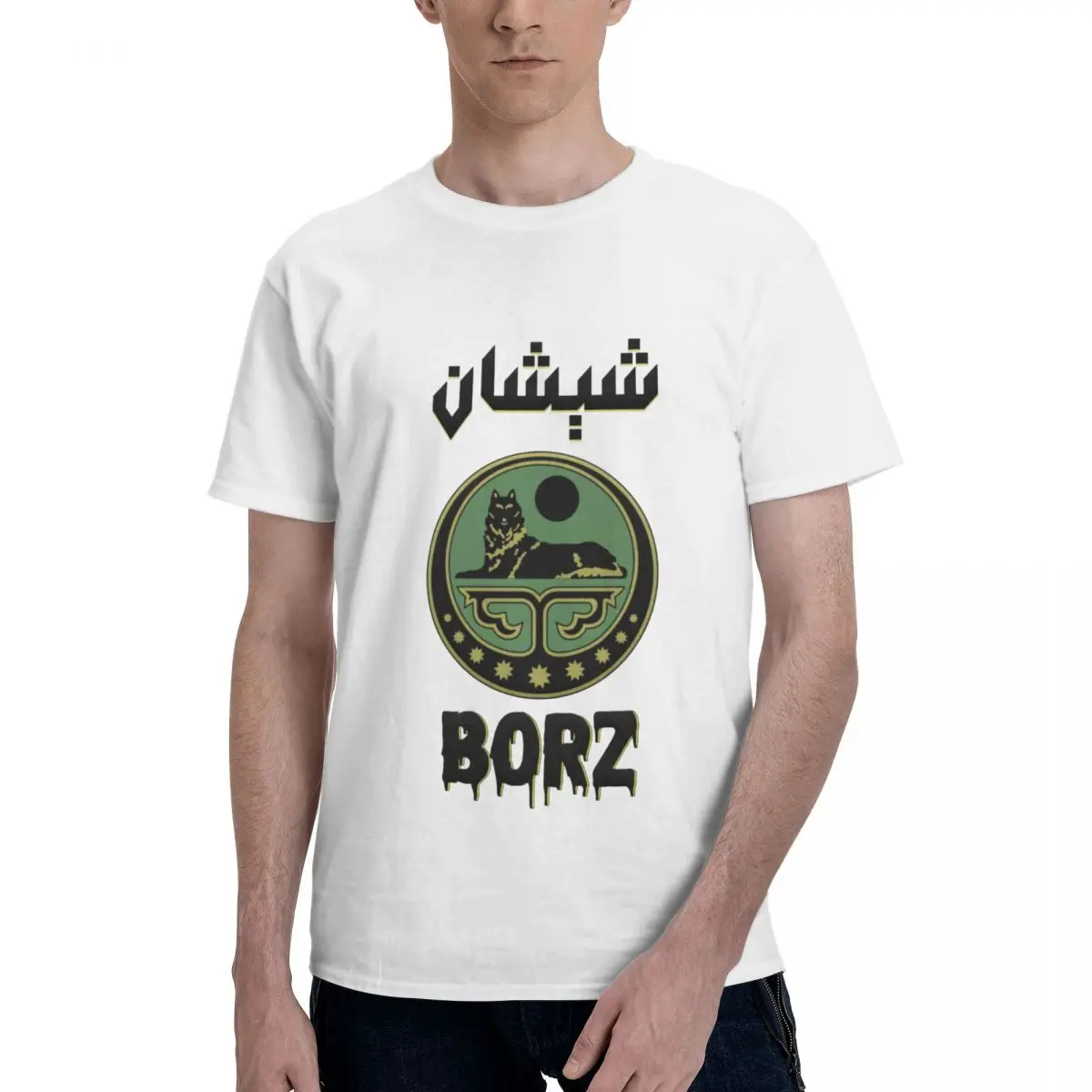 Фото Мужская футболка Chechen Borz Wolf (1), уличная одежда, негабаритная хлопковая рубашка с рукавами в стиле аниме на заказ №2