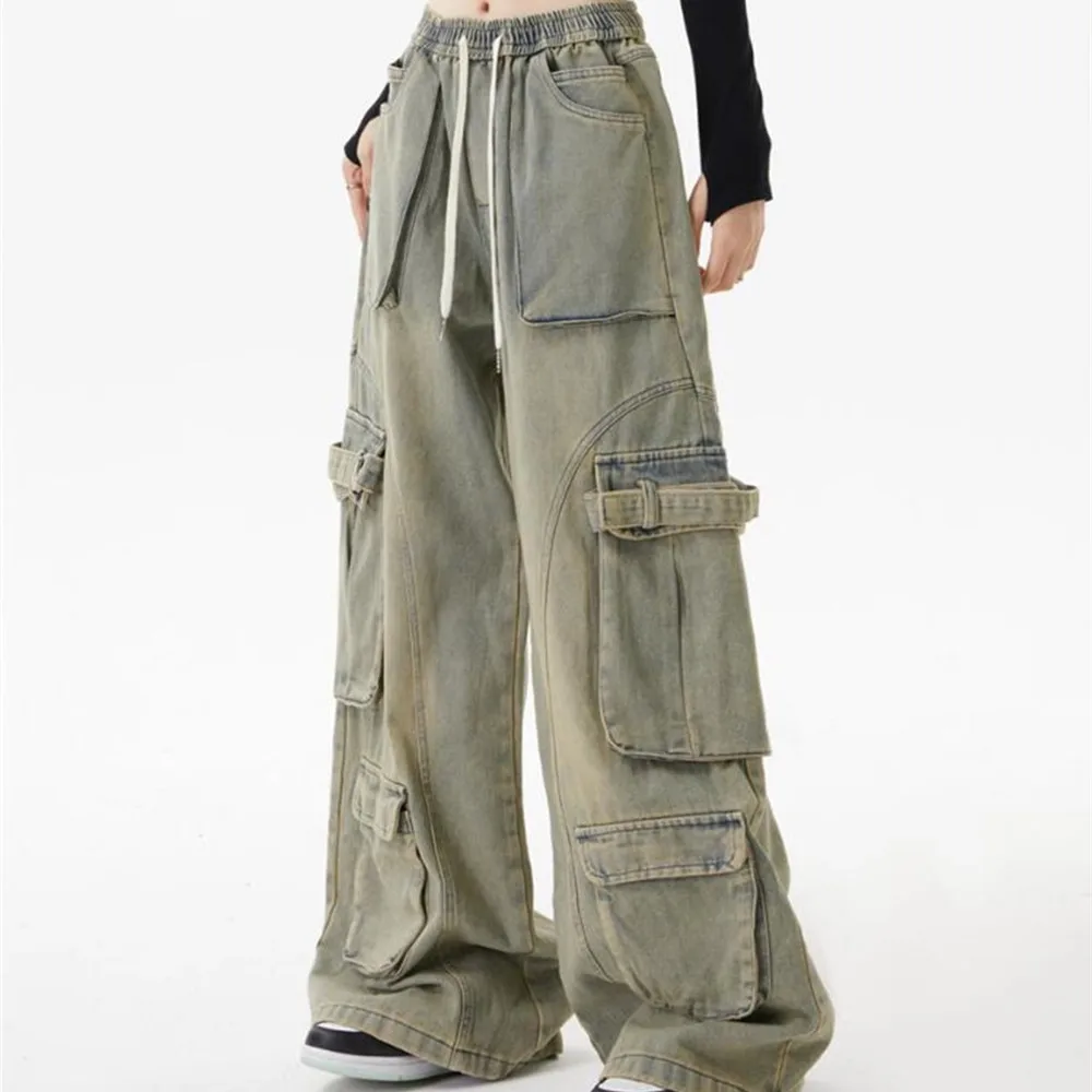 celana неадридная фигура, celana Denim kaki lebar, celana Baggy Y2K, Retro, для wanita