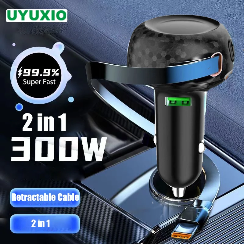 Автомобильное зарядное устройство UYUXIO 2 в 1, USB-адаптер с выдвижным кабелем, 30 Вт, для iPhone 16, 15 Pro Max, Samsung