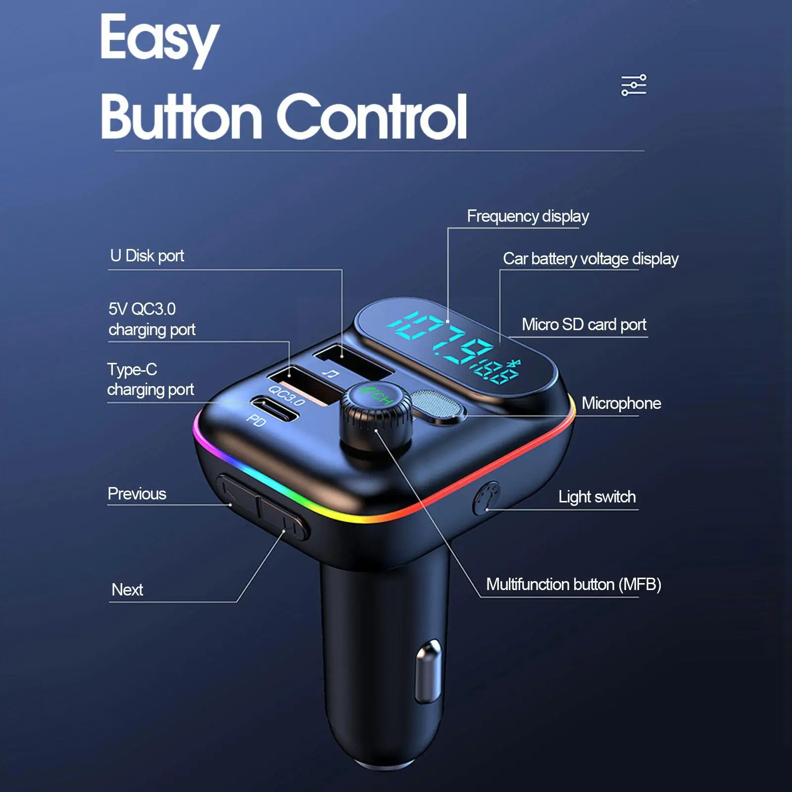 Фото Автомобильный FM-трансмиттер с поддержкой Bluetooth 5,0 и USB Type-C №5
