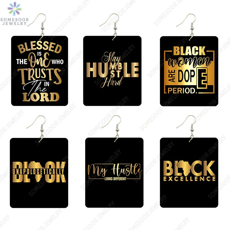 SOMESOOR Black Excellence Неполотически прямоугольные деревянные серьги-капли Stay Hustle Blessed Africa Map Design Висячие ювелирные изделия