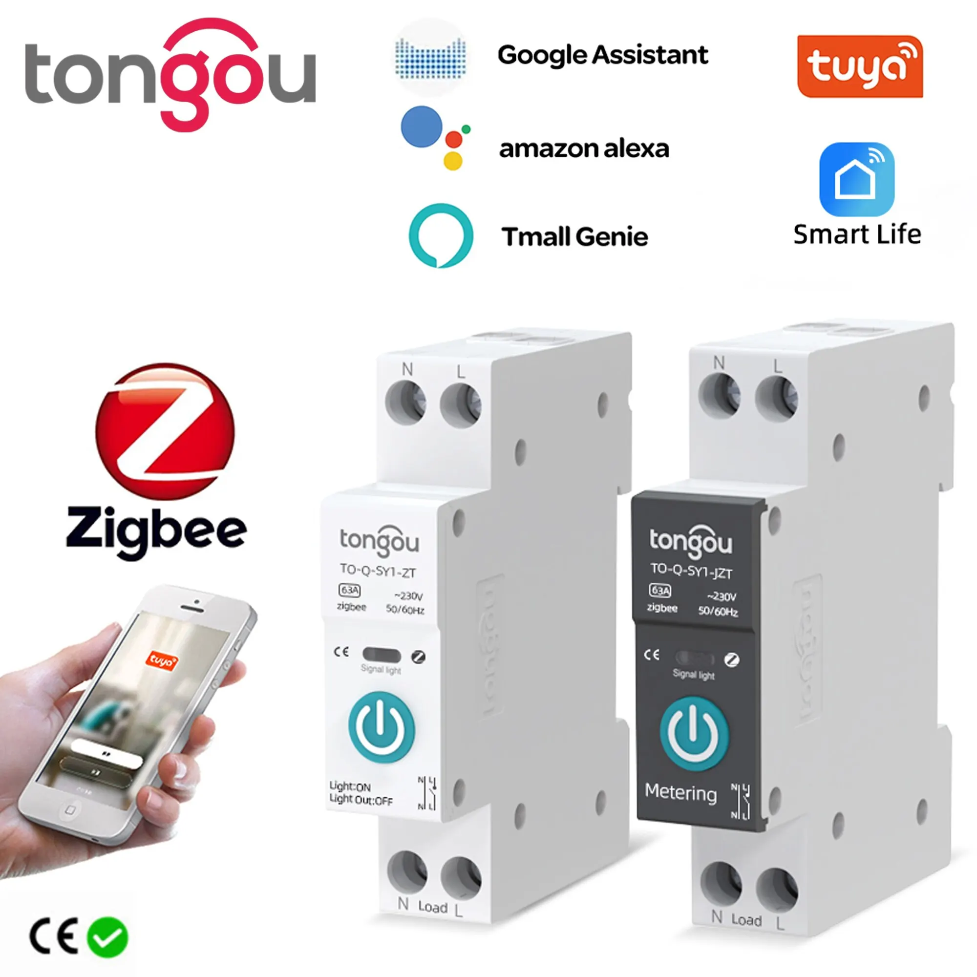 TUYA ZigBee умный выключатель Умный выключатель 1P 63A din-рейка для умного дома беспроводной пульт дистанционного управления WiFi переключатель с помощью приложения TONGOU